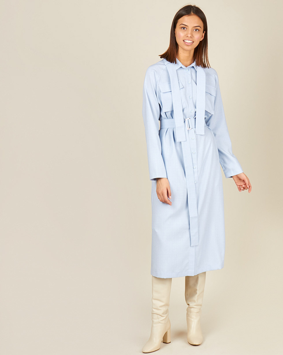 12Storeez Платье - рубашка с поясом на воротнике (голубой)
