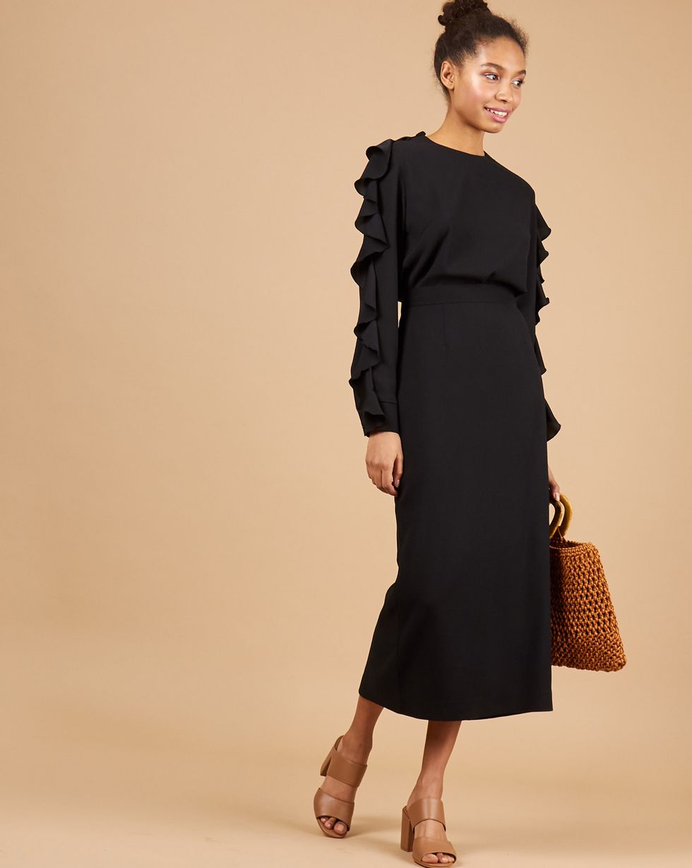 12Storeez Комплект: Блуза с воланами на рукавах и юбка миди (черный)