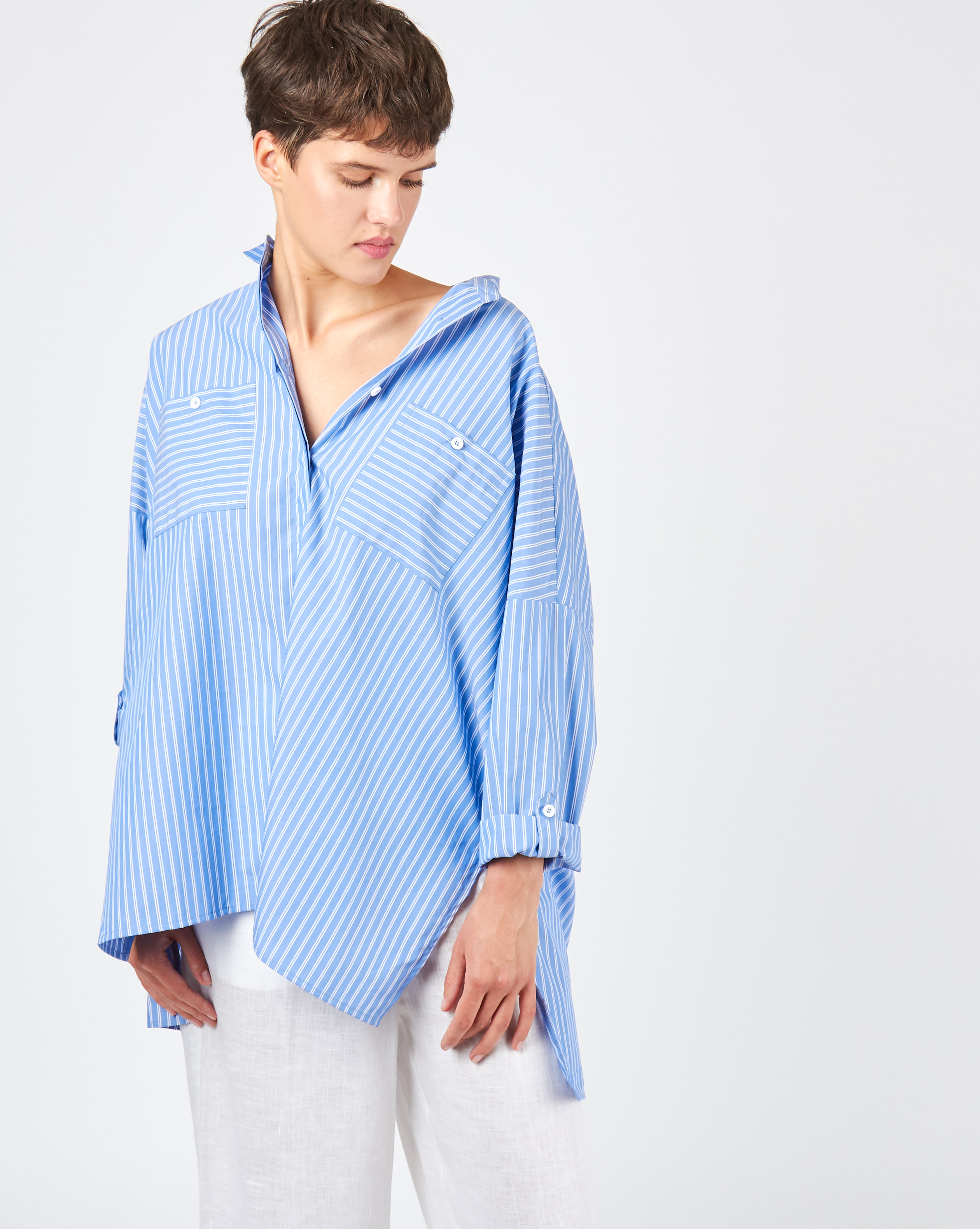 12Storeez Рубашка с карманами в полоску двойную (темно-голубой)