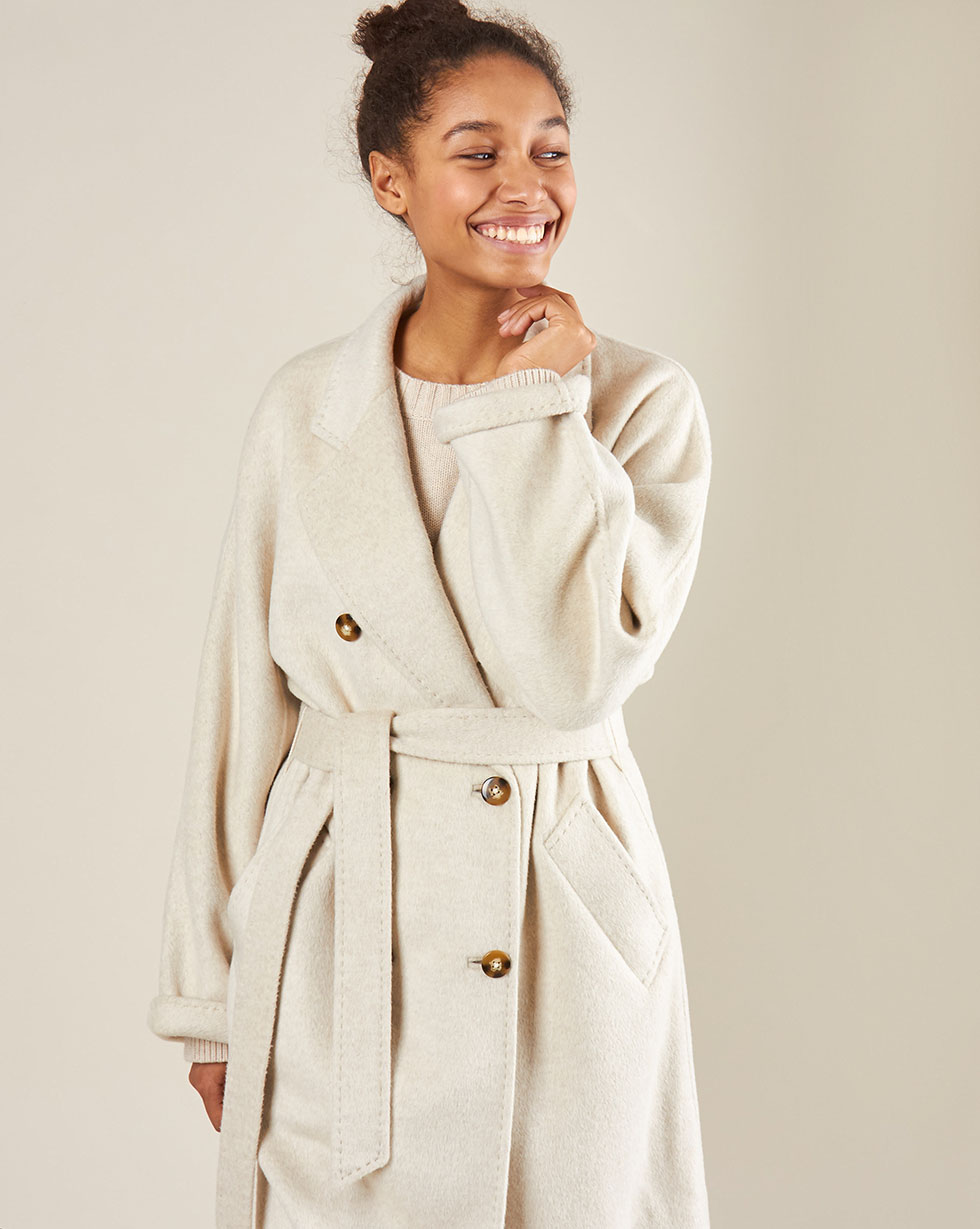 

Пальто двубортное на поясе c шёлком, Молочный