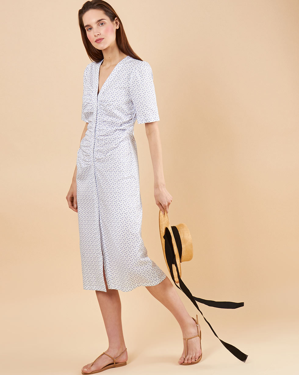 

Платье со сборкой, Белый в цветок