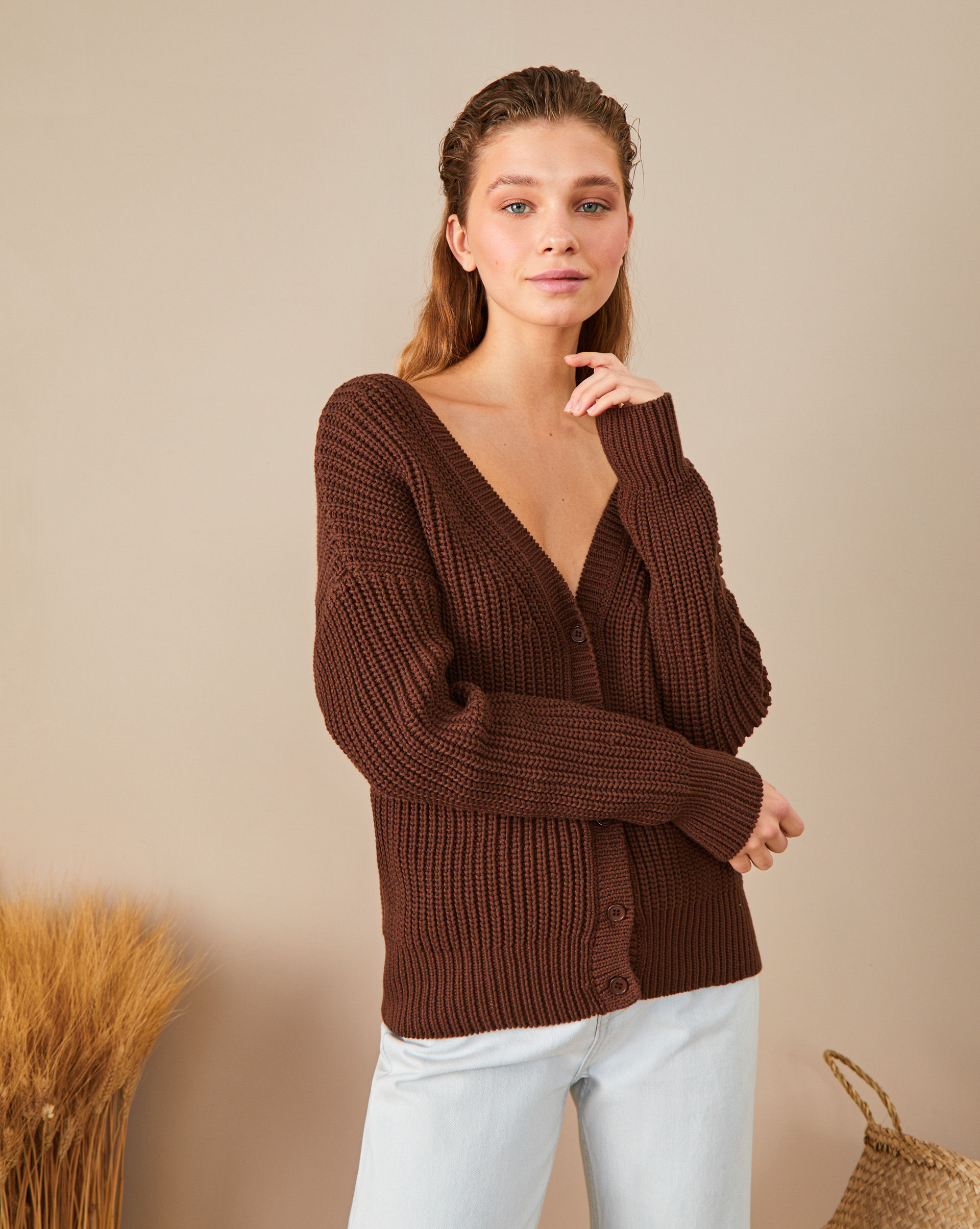 

Трикотажный жакет с имитацией застежки на спине, Коричневый